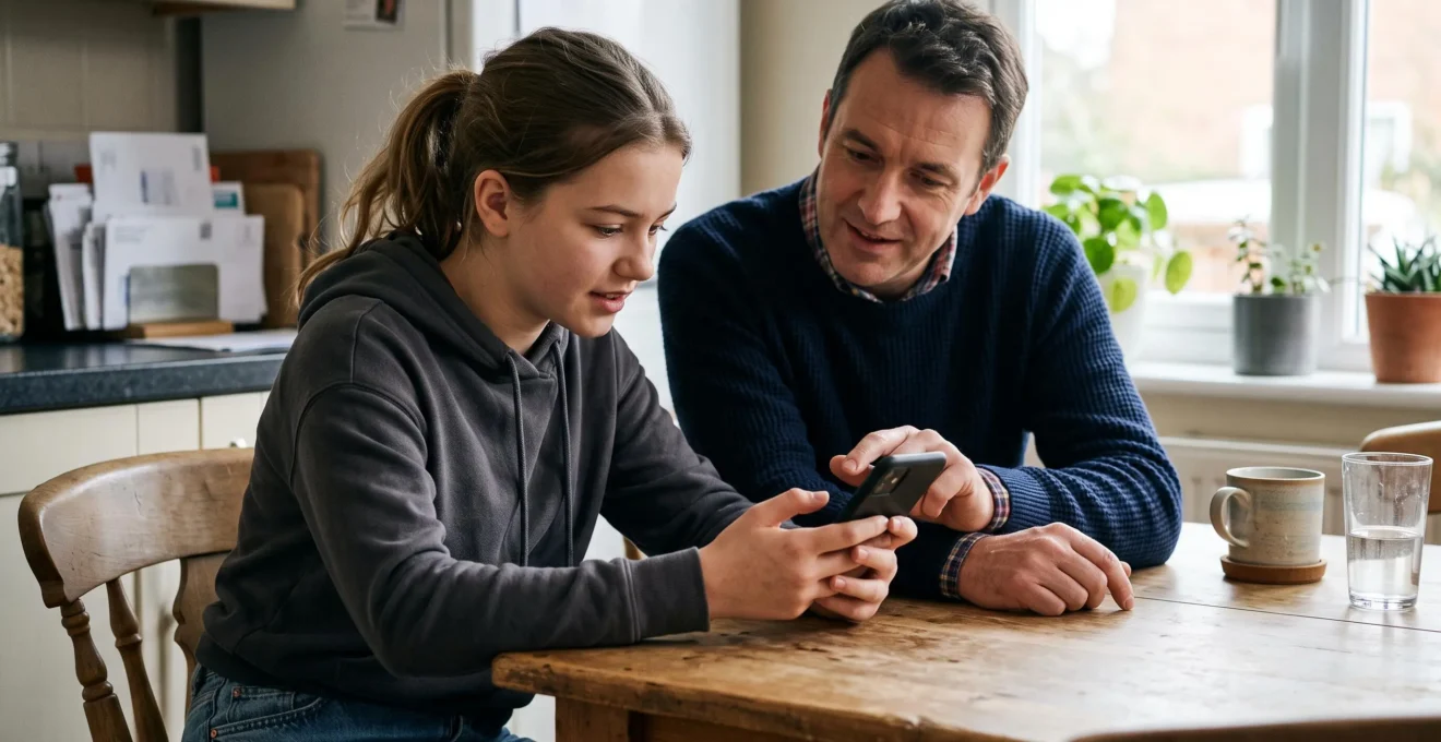 Adolescent et parent assis ensemble, l'adolescent tenant un smartphone affichant une application bancaire tandis que le parent l'accompagne dans sa gestion financière