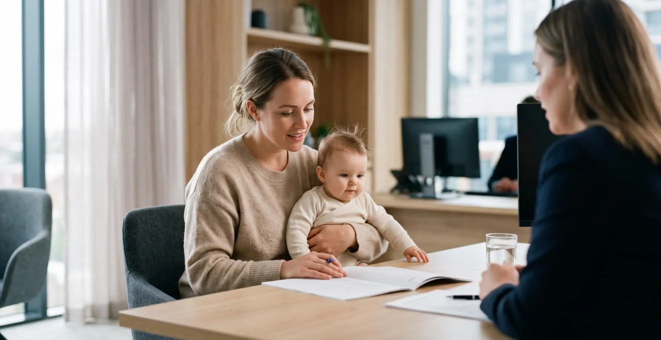 Jeune parent tenant un bébé dans ses bras lors d'une consultation dans une agence bancaire pour l'ouverture d'un compte enfant