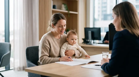 Jeune parent tenant un bébé dans ses bras lors d'une consultation dans une agence bancaire pour l'ouverture d'un compte enfant