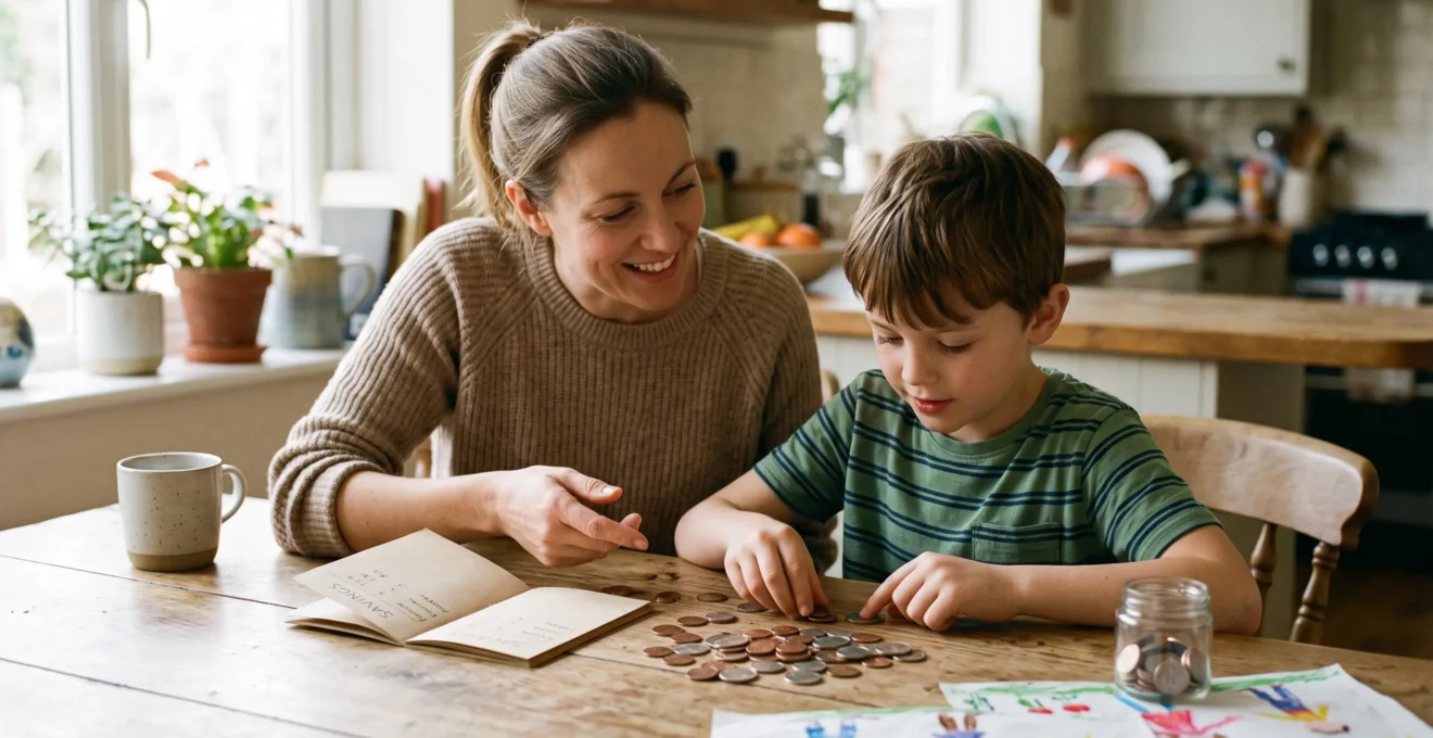 Parent et enfant d'âge primaire assis ensemble à une table, comptant des pièces de monnaie et découvrant un livret d'épargne dans un moment éducatif